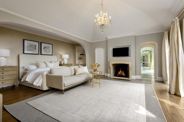 Bedroom, Chandelier, Fireplace, Interior, Wood Texture Flooring