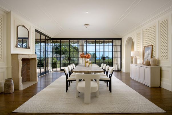 Dining room, Fireplace, Interior, Recessed Lighting, Wood Texture Flooring