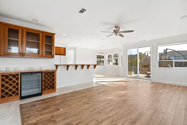 Empty room, Interior, Kitchen, Recessed Lighting, Wood Texture Flooring