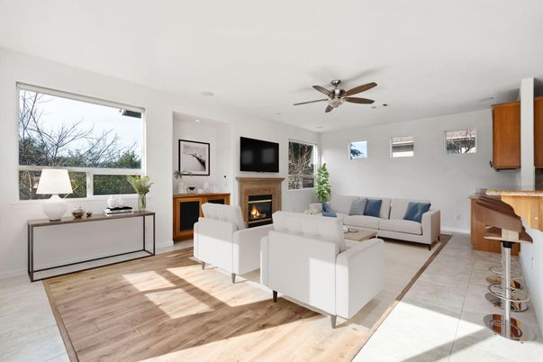 Fireplace, Interior, Living room, Recessed Lighting, Wood Texture Flooring