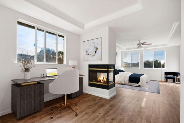 Bedroom, Fireplace, Home Office, Interior, Wood Texture Flooring