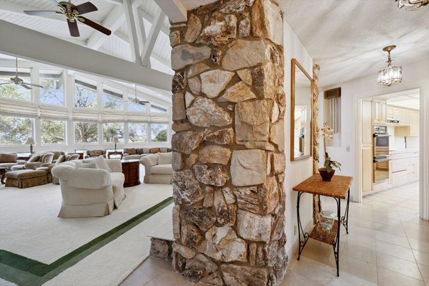 Dining room, Interior, Kitchen, Living room, Pendant Lights, Stainless Steel Appliances, Stone Walls