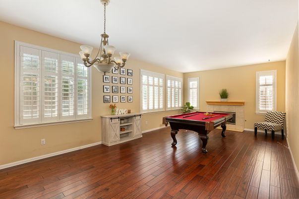 Billiard Table, Chandelier, Game Room, Interior, Wood Texture Flooring