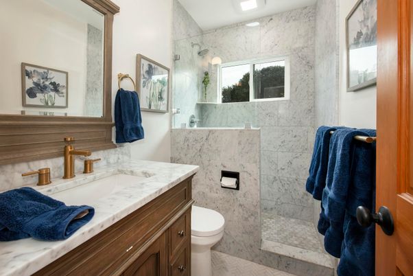 Bathroom, Glass Shower, Interior, Marble, Marble Walls, Recessed Lighting