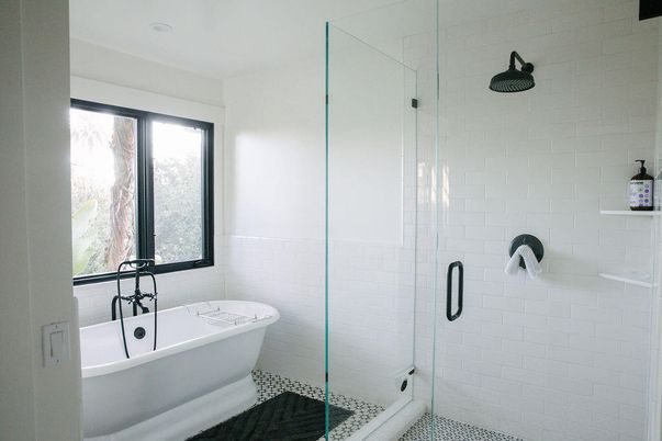 Bathroom, Free Standing Baths, Glass Shower, Interior, Recessed Lighting