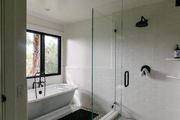 Bathroom, Free Standing Baths, Glass Shower, Interior, Recessed Lighting