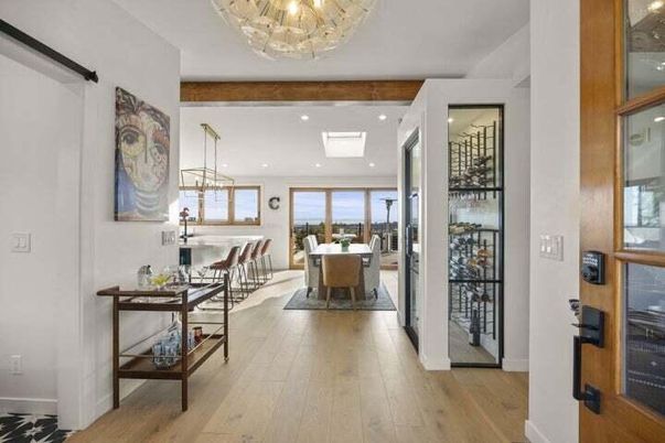 Chandelier, Dining room, Interior, Pendant Lights, Recessed Lighting, Wooden Beams, Wood Texture Flooring