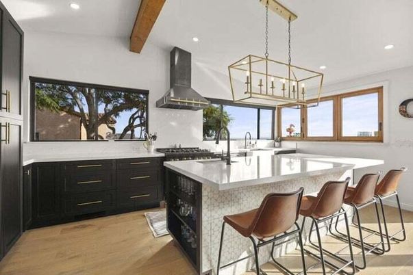 Chandelier, Interior, Kitchen, Pendant Lights, Recessed Lighting, Stainless Steel Appliances, Wooden Beams, Wood Texture Flooring