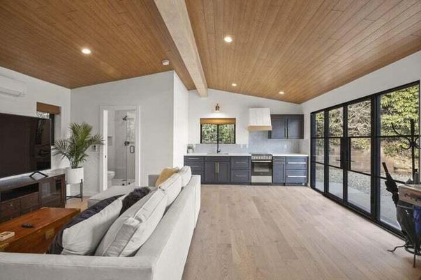 Interior, Kitchen, Living room, Recessed Lighting, Stainless Steel Appliances, Wooden Beams, Wooden Ceilings, Wood Texture Flooring