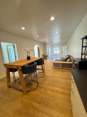 Dining room, Interior, Living room, Recessed Lighting, Wood Texture Flooring