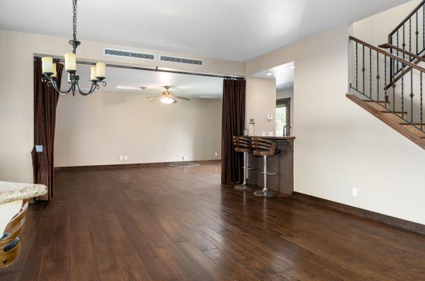 Empty room, Interior, Pendant Lights, Recessed Lighting, Wood Texture Flooring