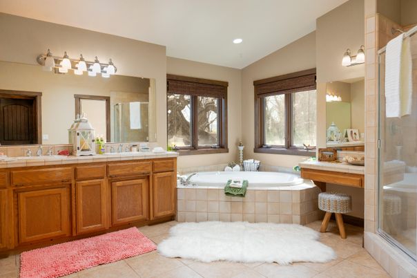 Bathroom, Dual Sink Vanities, Glass Shower, Interior, Recessed Lighting, Tile Countertops