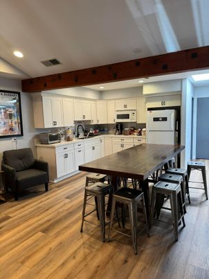 Dining room, Interior, Kitchen, Recessed Lighting, Stainless Steel Appliances, Wood Texture Flooring