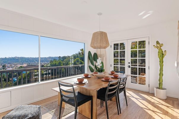Dining room, Interior, Pendant Lights, Wood Texture Flooring