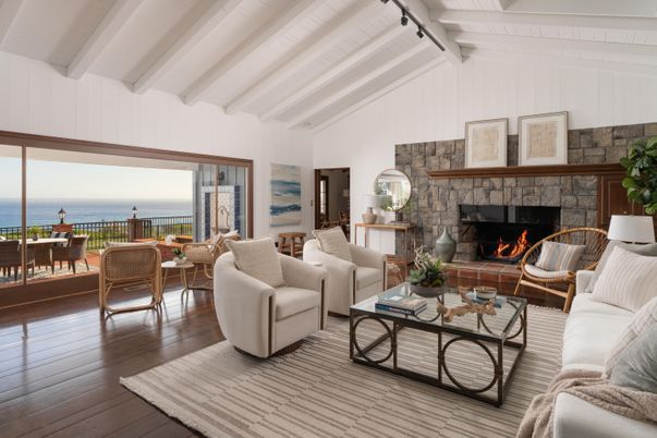 Fireplace, Interior, Living room, Stone Walls, Water, Wood Texture Flooring