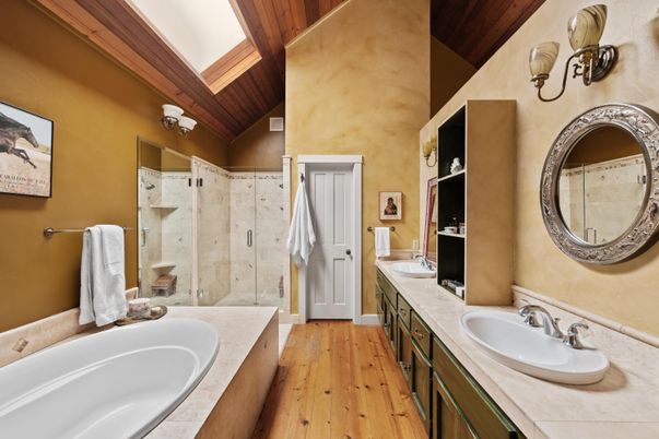 Bathroom, Dual Sink Vanities, Interior, Tile Countertops, Wooden Beams, Wooden Ceilings, Wood Texture Flooring