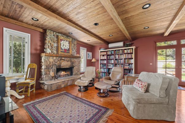 Fireplace, Interior, Living room, Recessed Lighting, Stone Walls, Wooden Beams, Wooden Ceilings, Wood Texture Flooring