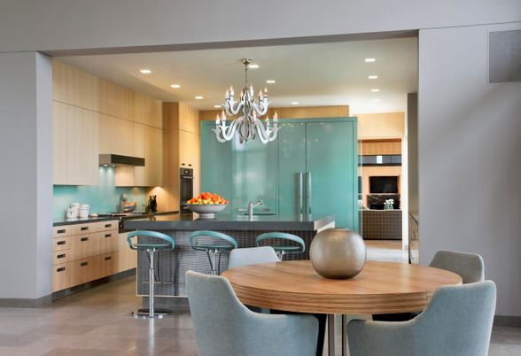Chandelier, Dining room, Interior, Kitchen, Recessed Lighting, Stainless Steel Appliances
