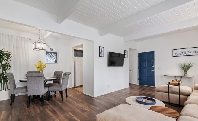 Dining room, Interior, Pendant Lights, Wood Texture Flooring