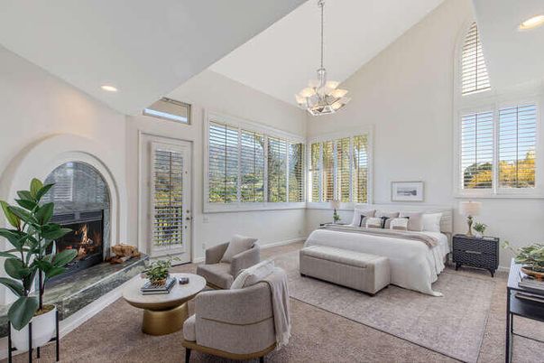 Bedroom, Chandelier, Fireplace, Interior, Living room, Recessed Lighting
