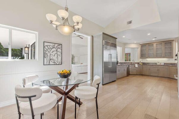 Dining room, Interior, Kitchen, Pendant Lights, Recessed Lighting, Stainless Steel Appliances, Wood Texture Flooring