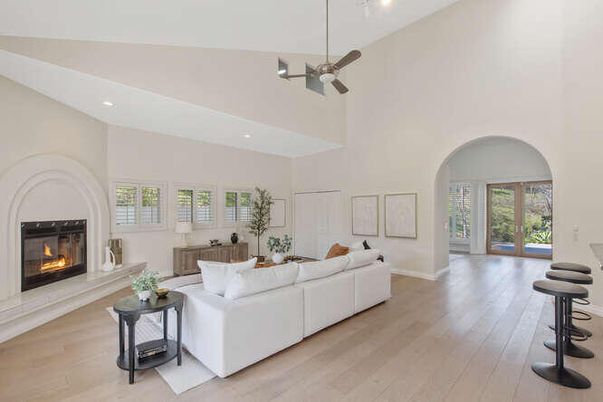 Fireplace, Interior, Living room, Recessed Lighting, Wood Texture Flooring