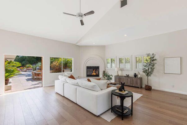 Dining room, Fireplace, Interior, Living room, Recessed Lighting, Wood Texture Flooring