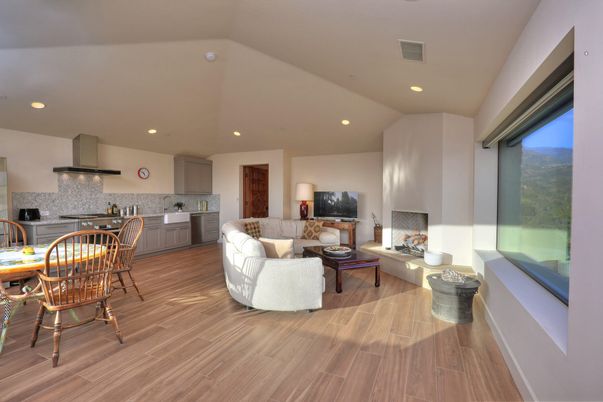 Fireplace, Interior, Kitchen, Living room, Recessed Lighting, Wood Texture Flooring