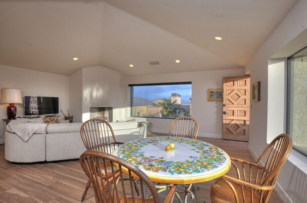 Dining room, Interior, Living room, Recessed Lighting, Wood Texture Flooring