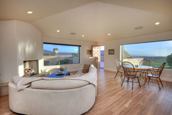 Dining room, Fireplace, Interior, Living room, Recessed Lighting, Wood Texture Flooring