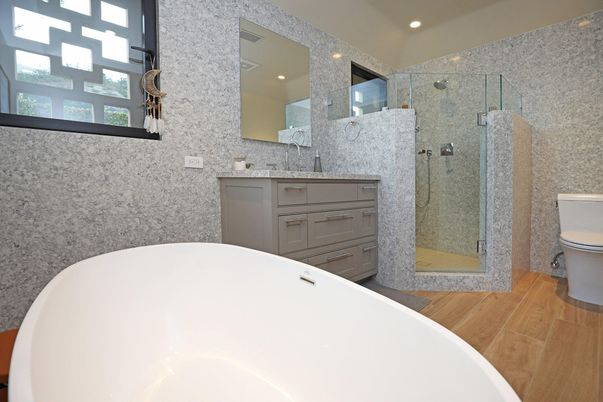 Bathroom, Free Standing Baths, Glass Shower, Interior, Recessed Lighting, Wood Texture Flooring