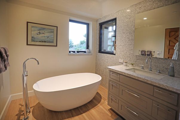 Bathroom, Dual Sink Vanities, Free Standing Baths, Interior, Recessed Lighting, Wood Texture Flooring