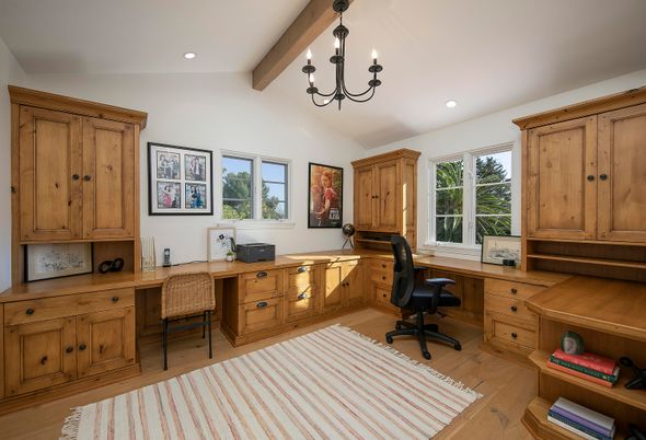 Chandelier, Home Office, Interior, Recessed Lighting, Wooden Beams, Wood Texture Flooring