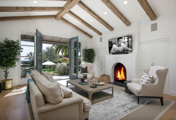 Fireplace, Interior, Living room, Recessed Lighting, Wooden Beams, Wood Texture Flooring