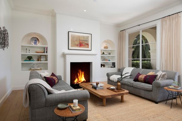 Fireplace, Interior, Living room, Recessed Lighting, Wood Texture Flooring