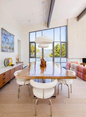 Dining room, Interior, Pendant Lights, Wood Texture Flooring
