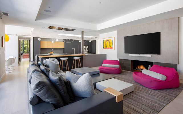 Fireplace, Interior, Kitchen, Living room, Marble Walls, Pendant Lights, Recessed Lighting, Wood Texture Flooring