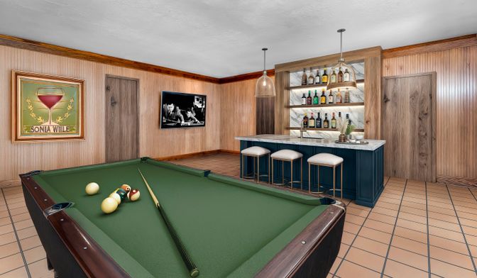 Billiard Table, Game Room, Interior, Pendant Lights, Wooden Walls