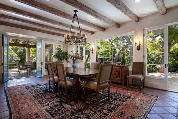 Chandelier, Dining room, Interior, Recessed Lighting, Wooden Beams