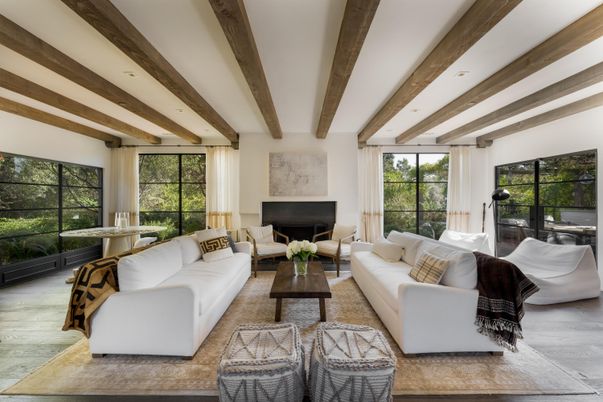 Fireplace, Interior, Living room, Recessed Lighting, Wooden Beams, Wood Texture Flooring