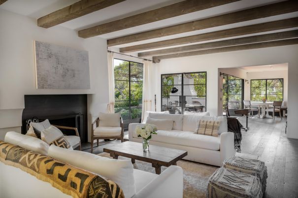 Dining room, Fireplace, Interior, Living room, Wooden Beams, Wood Texture Flooring