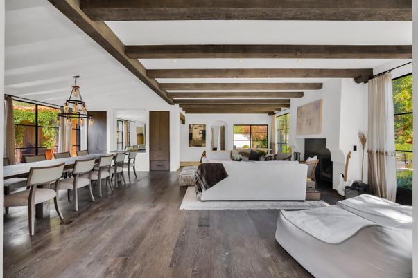 Dining room, Fireplace, Interior, Living room, Pendant Lights, Wooden Beams, Wood Texture Flooring