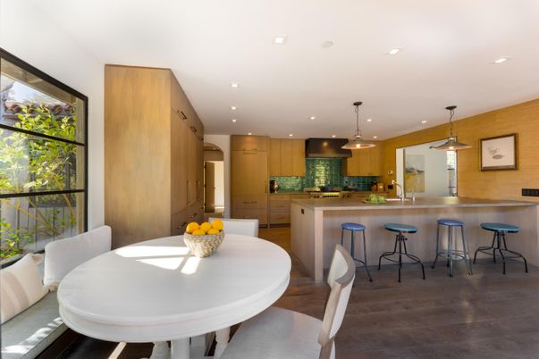 Dining room, Interior, Kitchen, Pendant Lights, Recessed Lighting, Wood Texture Flooring