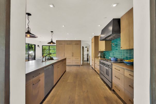 Interior, Kitchen, Pendant Lights, Recessed Lighting, Stainless Steel Appliances, Wood Texture Flooring
