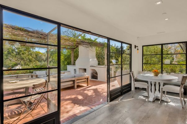 Dining room, Fireplace, Interior, Recessed Lighting, Sun Room