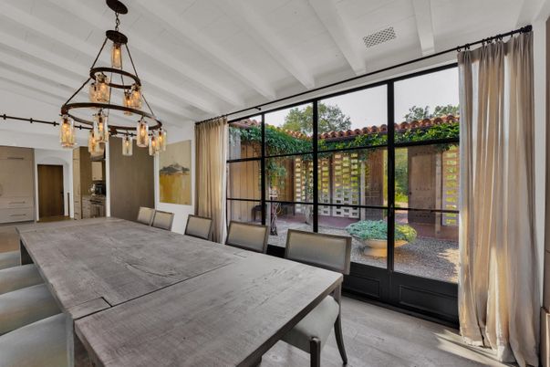 Dining room, Interior, Pendant Lights, Wood Texture Flooring