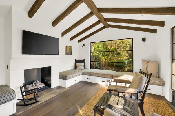 Bedroom, Fireplace, Interior, Wooden Beams, Wood Texture Flooring
