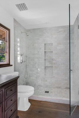 Bathroom, Glass Shower, Interior, Wood Texture Flooring