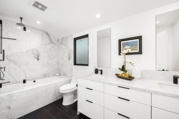 Bathroom, Dual Sink Vanities, Glass Shower, Interior, Marble Walls, Recessed Lighting