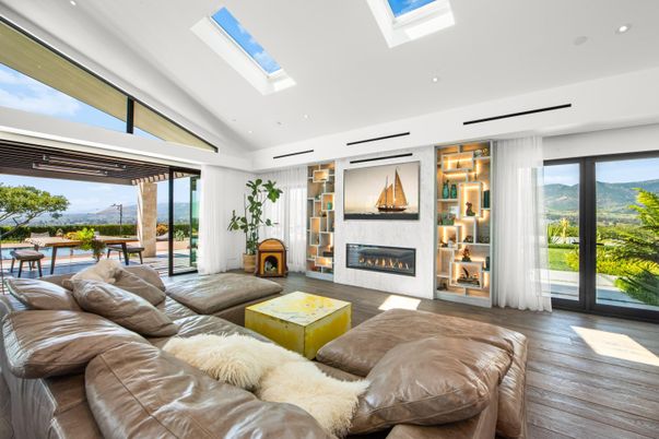 Fireplace, Interior, Living room, Recessed Lighting, Wood Texture Flooring